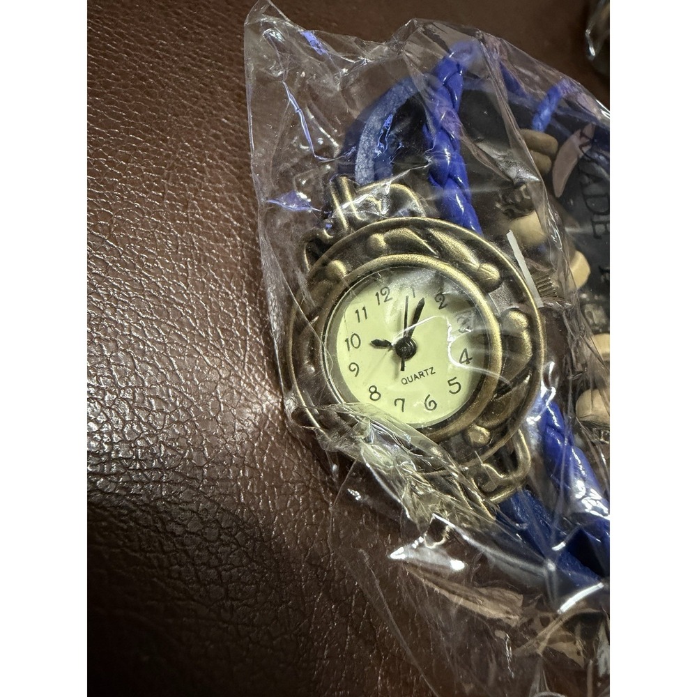Unbranded Quartz‎ Wrap Watch Blue Faux Leather Strap Wood Beads Wing Charm Gold